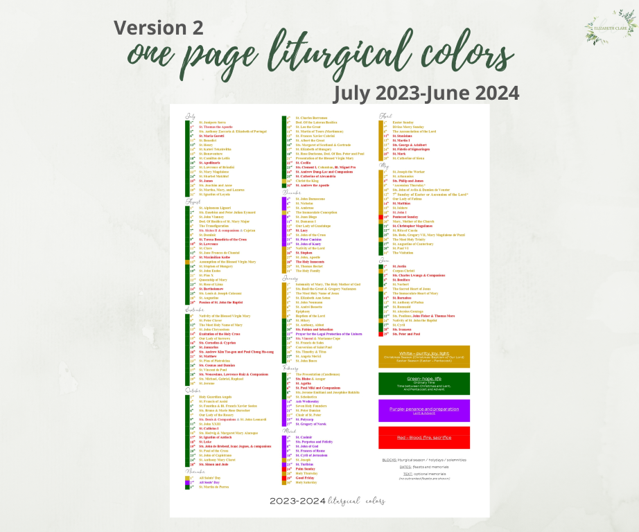 2023-2024 Catholic Liturgical Color Guide Calendar: One Page Cheat
