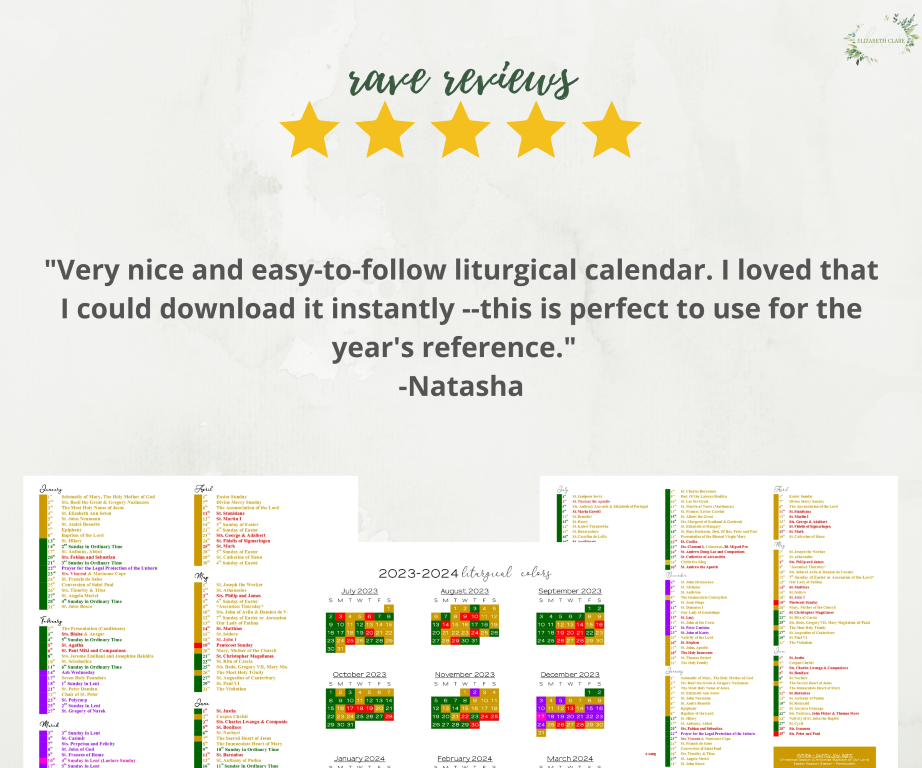 2023-2024 Catholic Liturgical Color Guide Calendar: One Page Cheat Sheet  Printable PDF - elizabeth clare