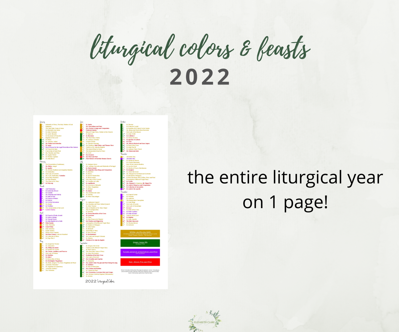 Traditional Catholic Calendar 2022 One Page 2022 Catholic Liturgical Calendar: Cheat Sheet Printable Pdf -  Elizabeth Clare
