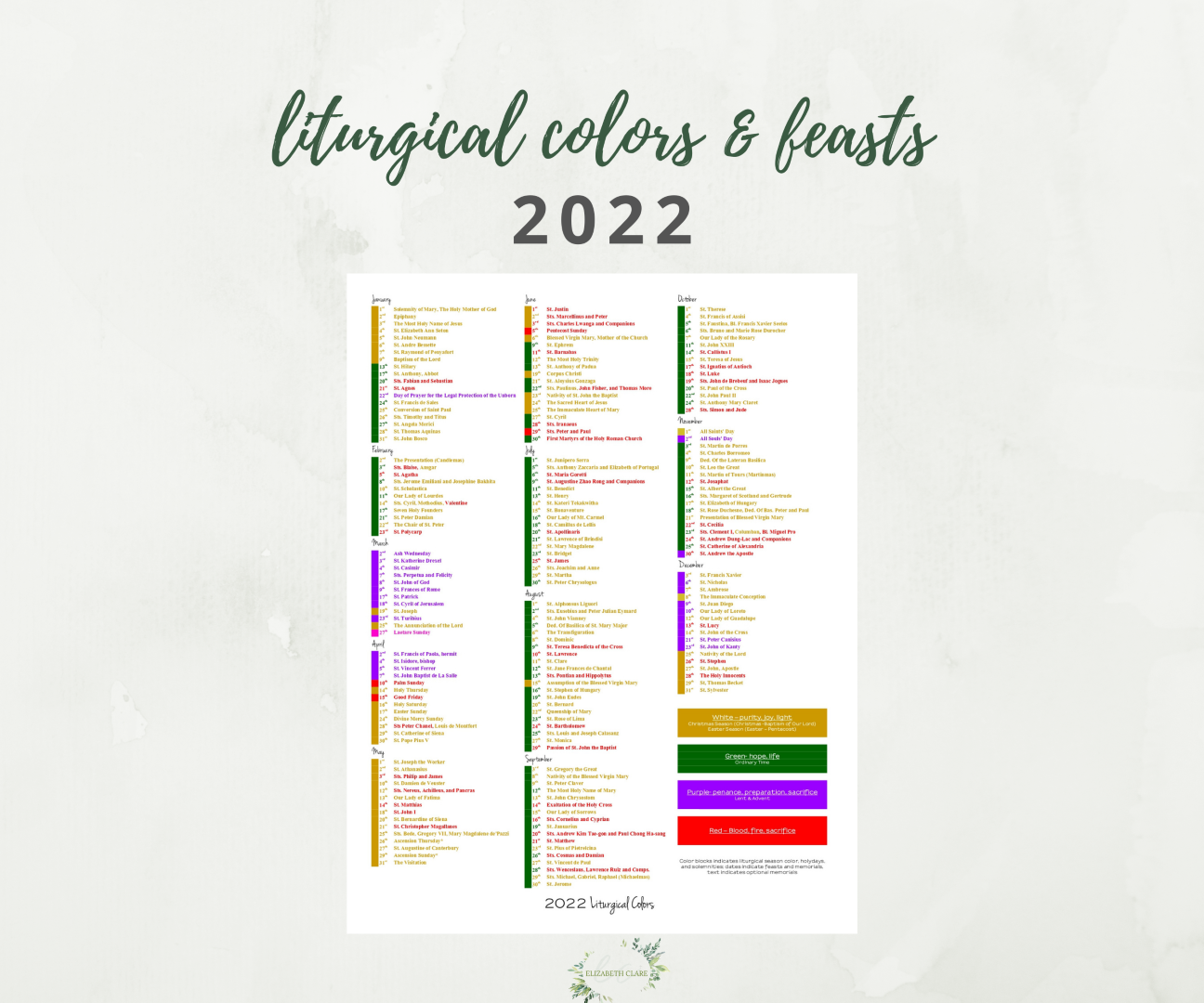 Lectionary Calendar 2022 One Page 2022 Catholic Liturgical Calendar: Cheat Sheet Printable Pdf -  Elizabeth Clare