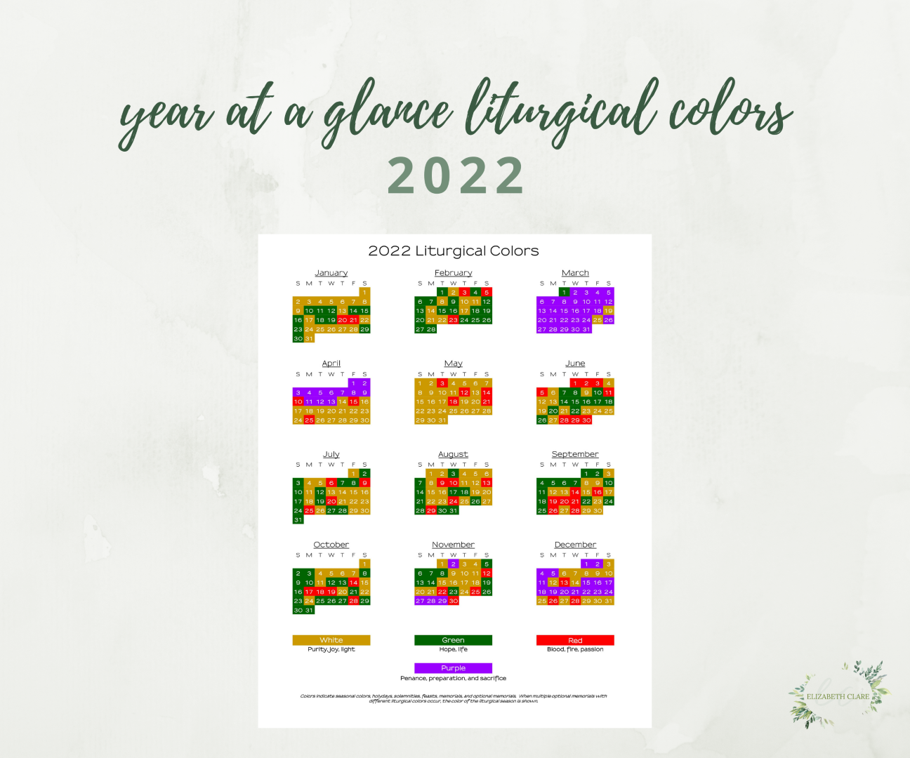 Presbyterian Church Calendar 2022 2022 Catholic Liturgical Year Colors Year At A Glance Printable Pdf -  Elizabeth Clare