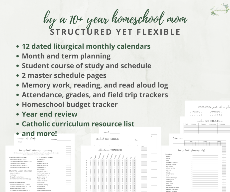 2023-2024 Printable Catholic Homeschool Planner PDF - elizabeth clare