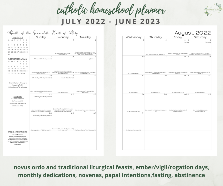 2022-2023 Printable Catholic Homeschool Planner PDF - elizabeth clare