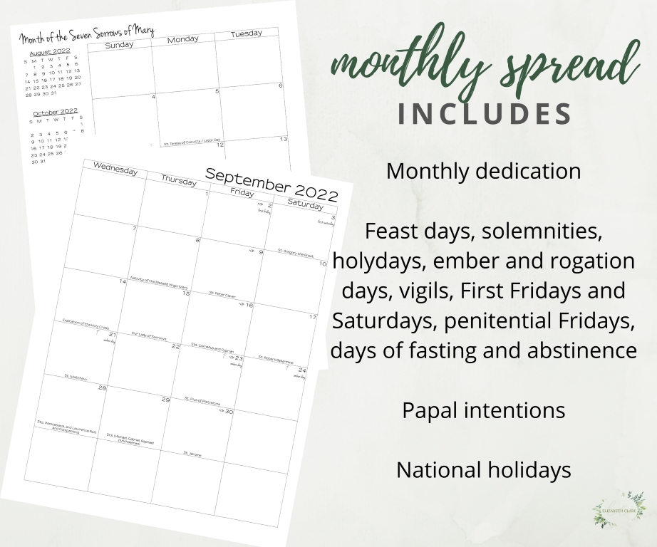 2022-2023 Catholic Monthly Planner PDF Printable - elizabeth clare