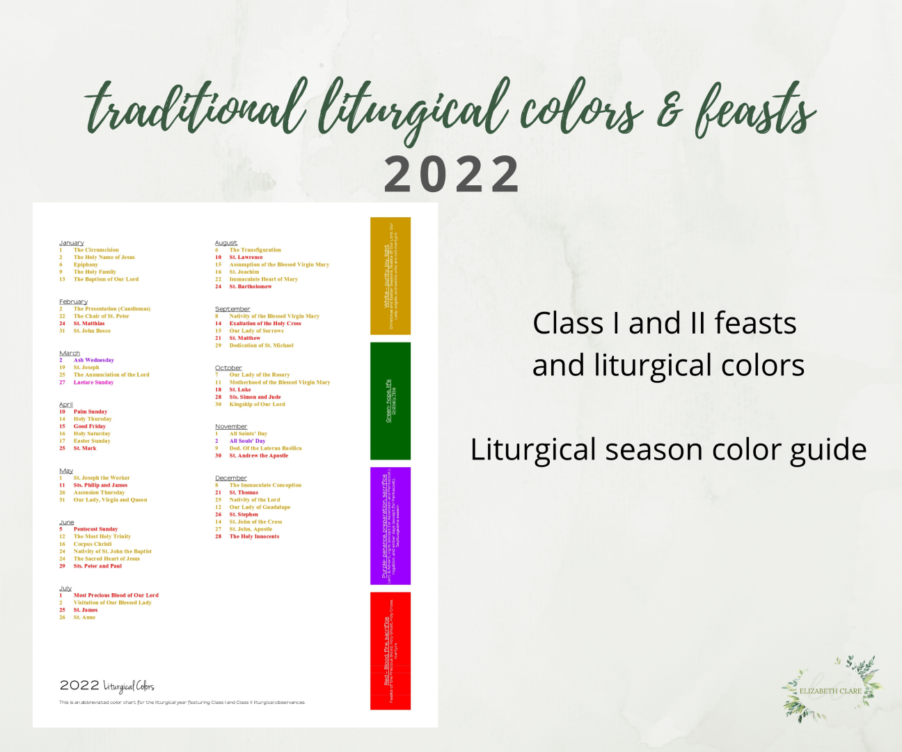 2022 Catholic Christmas Season One Page 2022 Traditional Catholic Liturgical Calendar: Pdf Cheat Sheet -  Elizabeth Clare