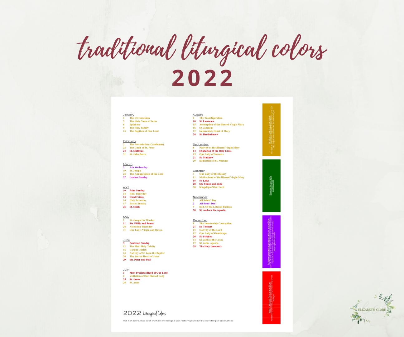 2022 Catholic Christmas Season One Page 2022 Traditional Catholic Liturgical Calendar: Pdf Cheat Sheet -  Elizabeth Clare
